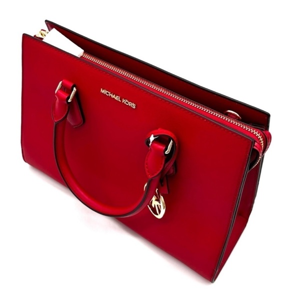 Michael Kors Sheila Medium Center Zip Satchel Bag & Large Double Zip Wallet Red - Picture 7 of 16
